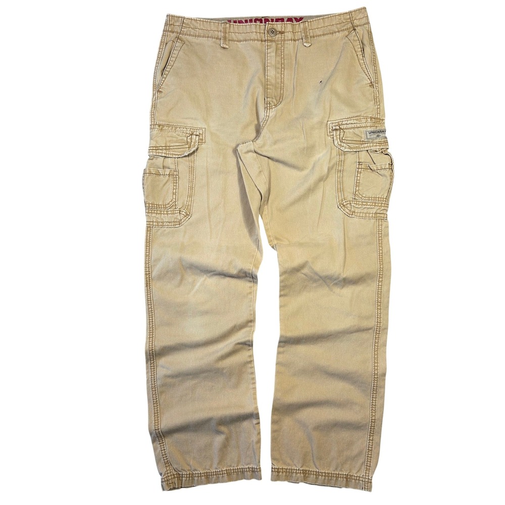 Y2k Vintage Unionbay Men Cargo Pants 34x34 Tan Khaki Baggy Skater Wide Leg 2000s